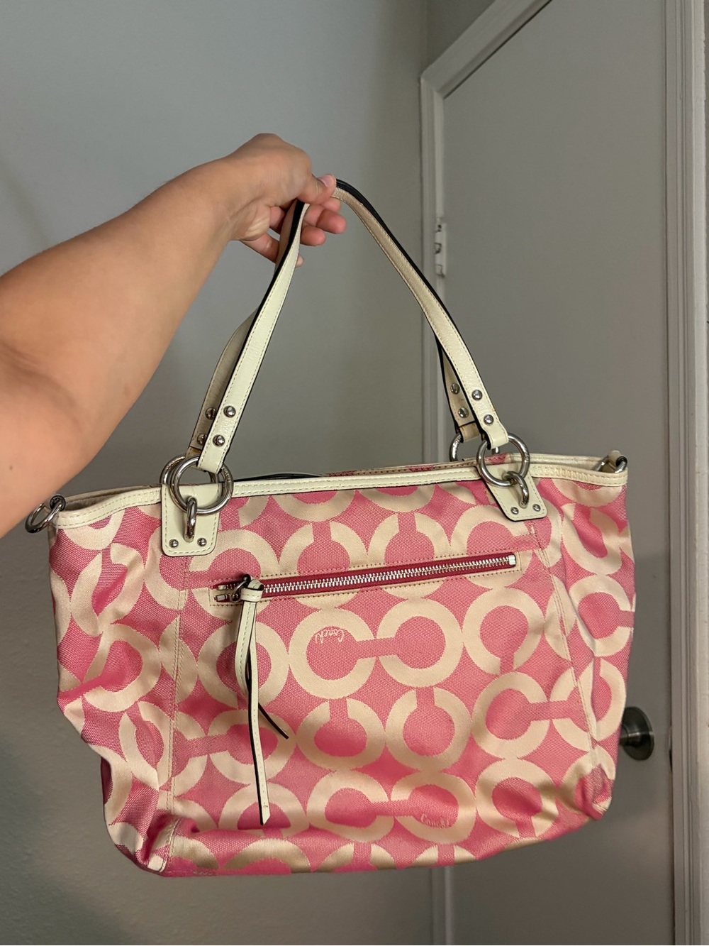 Coach Pink Signature Shoulder Tote with Cream Trim